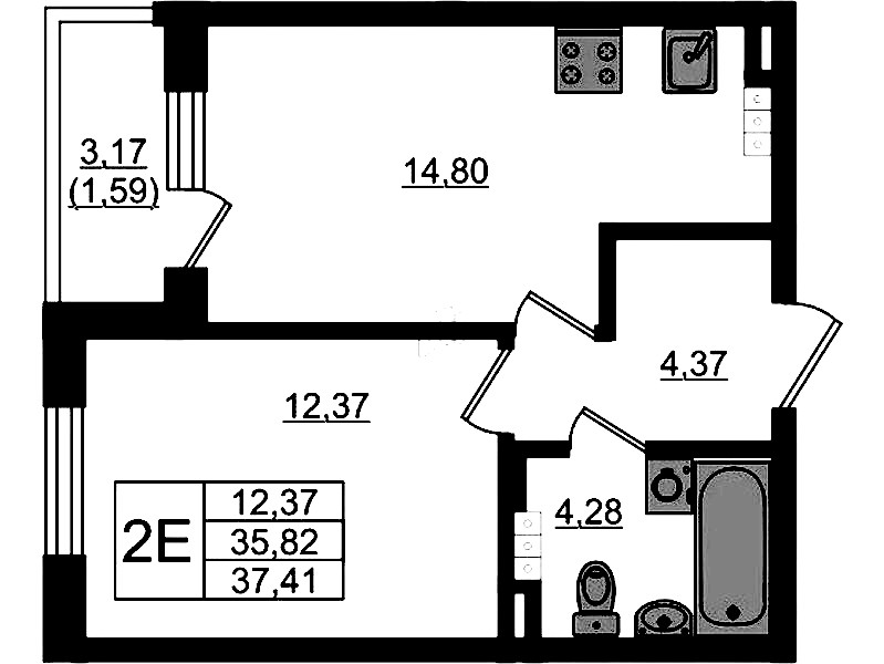1-комнатная квартира 37.41 м², 4/4 эт., ЖК «Новая история»